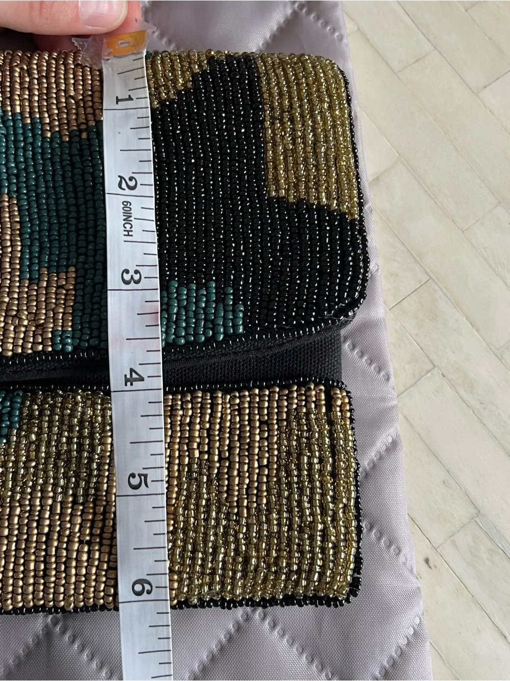 Francesca’s Gold, Black & Green Beaded Clutch with Gold Tone Chain Strap